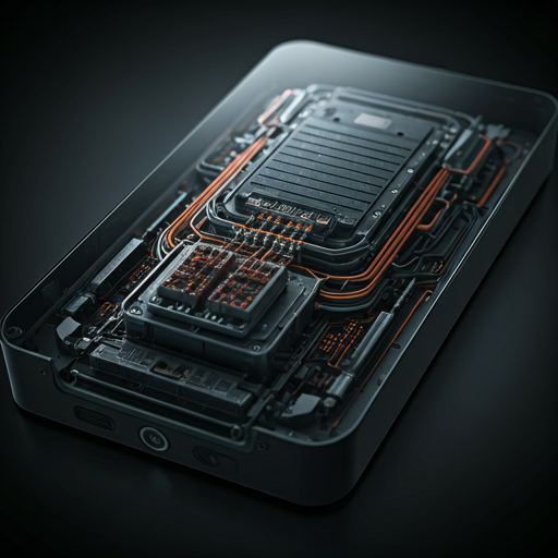 Macro detail of premium home-battery circuitry and black glass casing