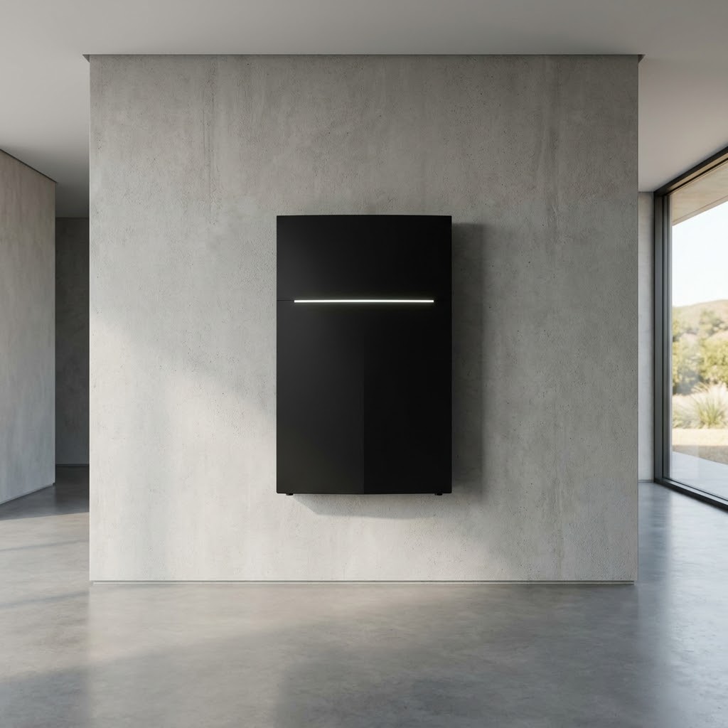 Tesla Powerwall 3 mounted on a minimalist concrete wall in a modern California home
