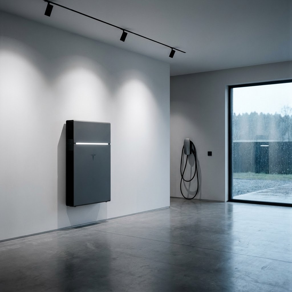 Sleek modern home battery storage unit in a minimalist high-end utility room