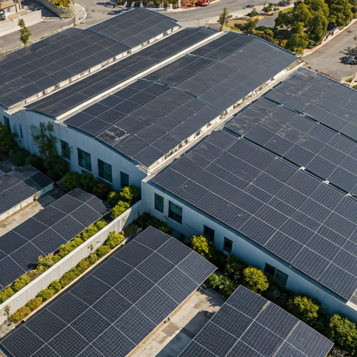 Aerial view of California rooftops with sleek black solar panels