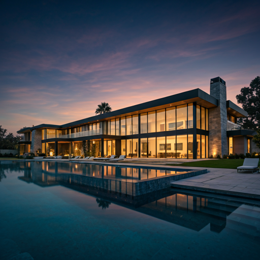 Modernist California home at golden hour with family gathered inside