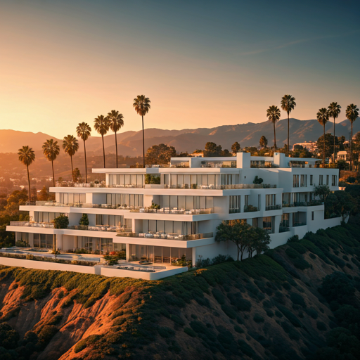 Los Angeles hills with modern estates at golden hour