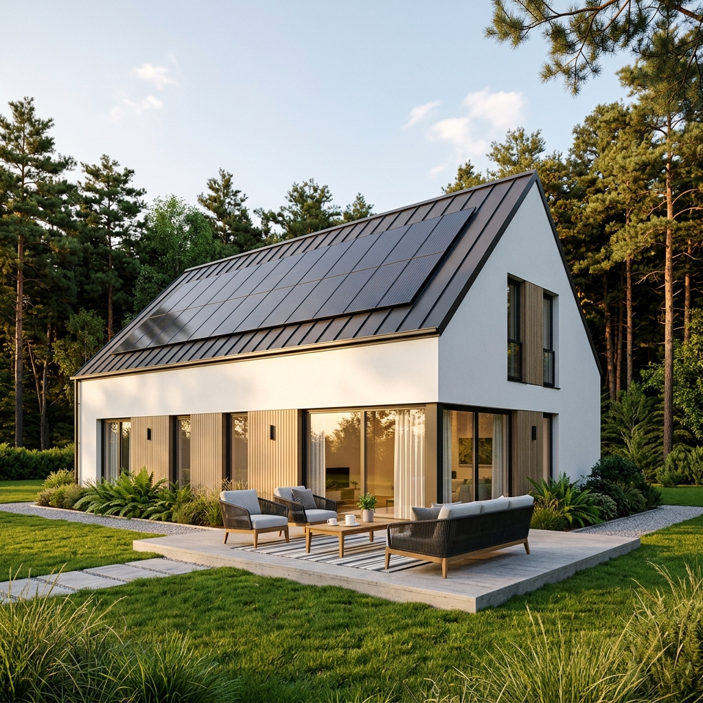 A premium modern solar home glowing at golden hour