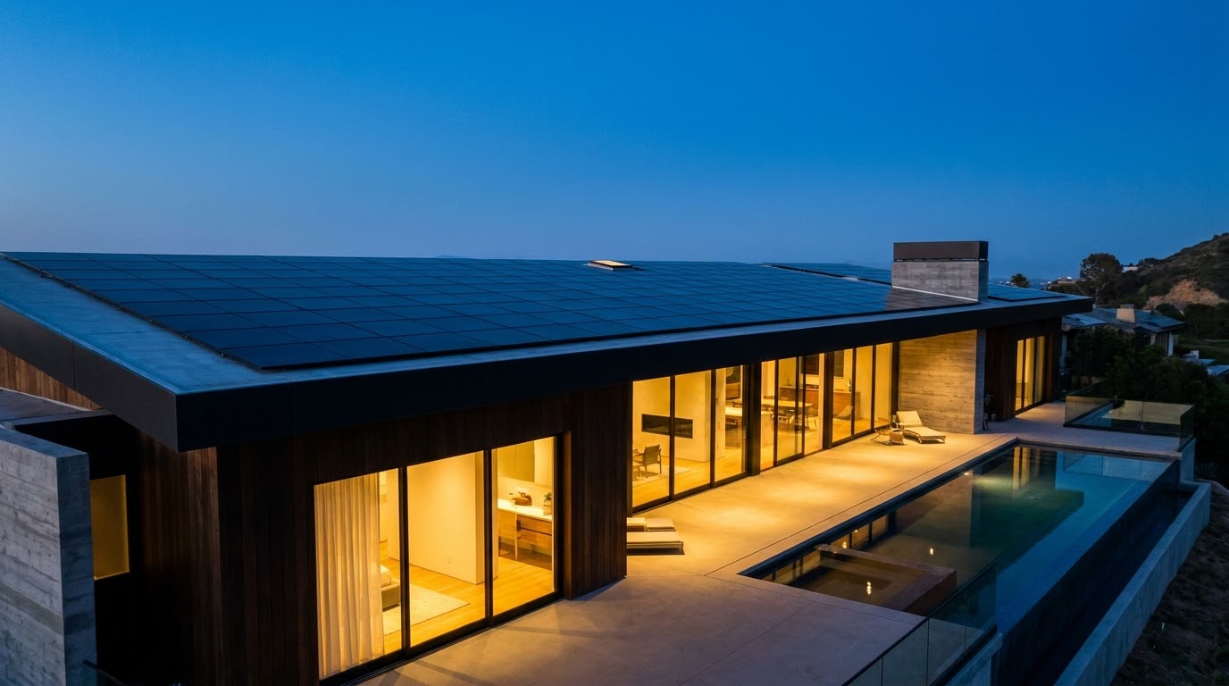 Luxury home with integrated solar at twilight