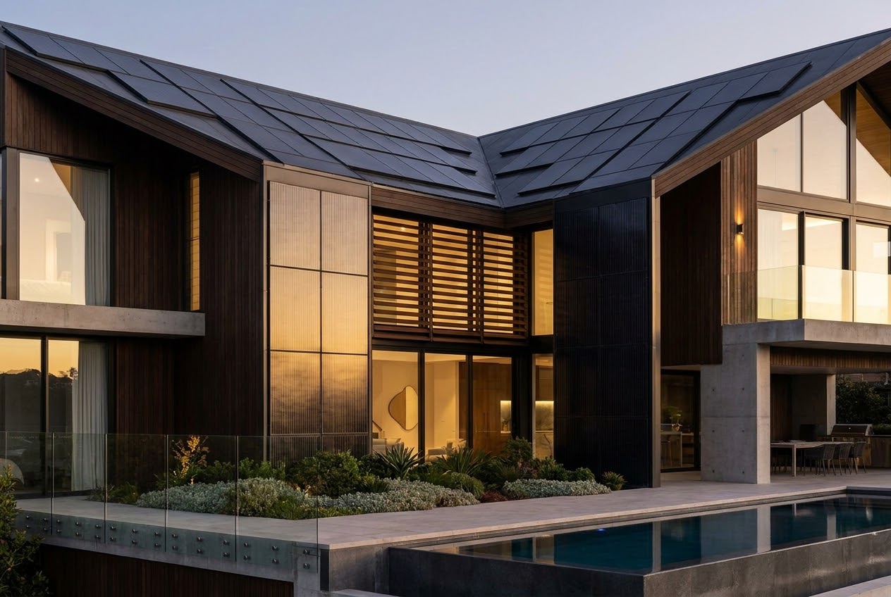 Solar panels integrated into a home facade