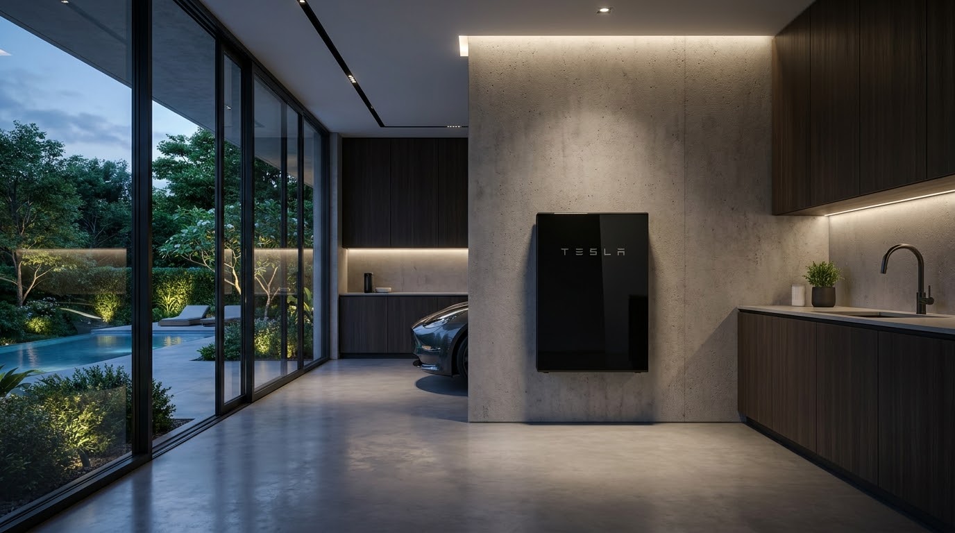 Tesla Powerwall installed in a minimalist high-end garage