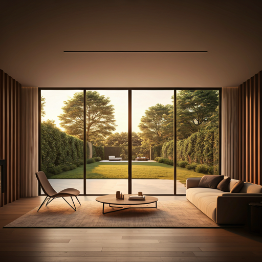 Warm contemporary living room during golden hour