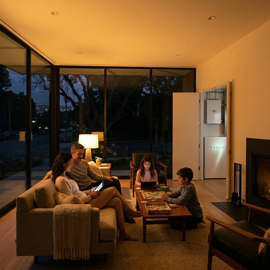 Family in a lit modern home while the neighborhood is dark