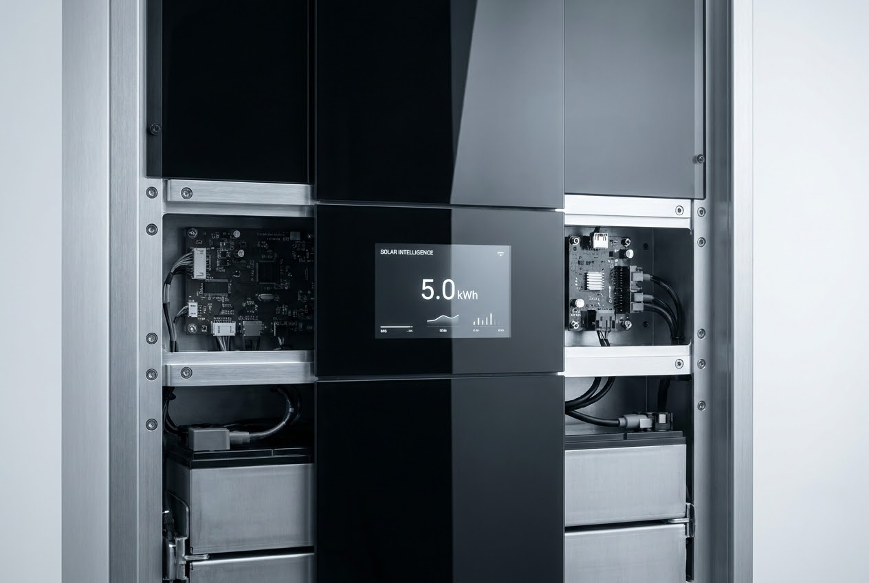 Detail of Tesla Powerwall components and digital display