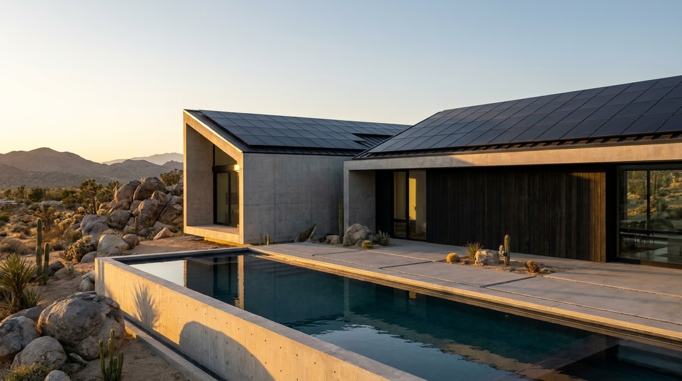 Modern architectural home with integrated solar roofing in a desert landscape at dusk