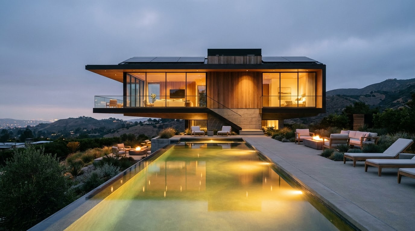 Contemporary hillside home at twilight with an infinity pool and roof-integrated solar