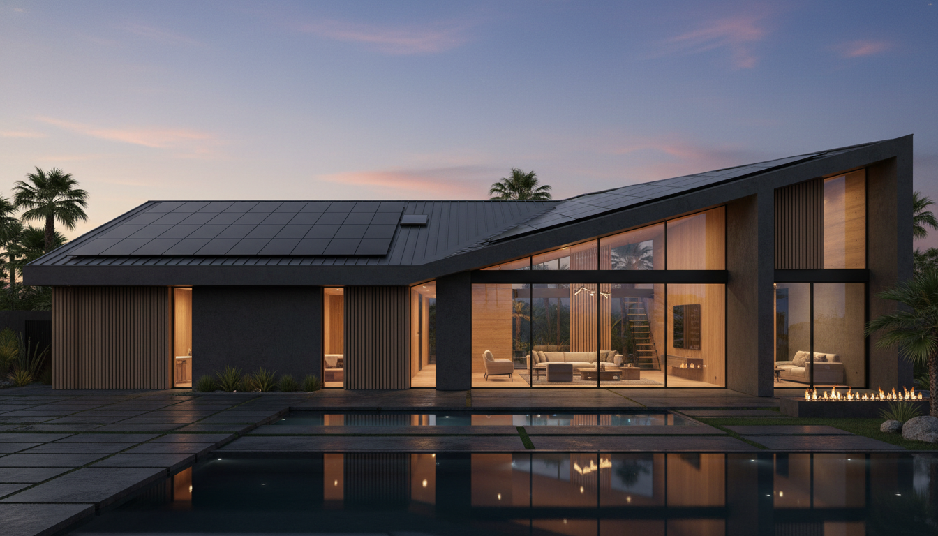Architectural modern home with integrated solar at dusk