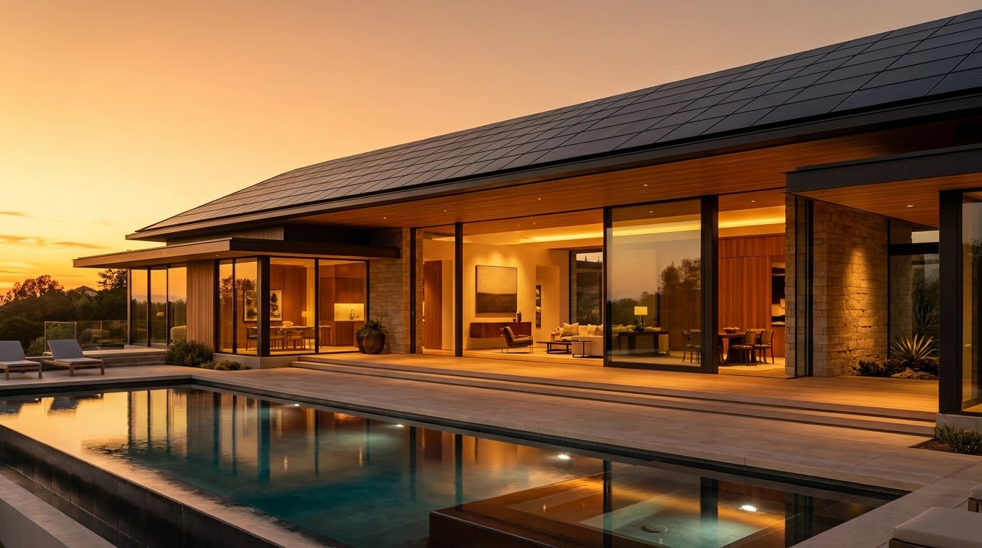Luxury architectural home with rooftop solar at sunset
